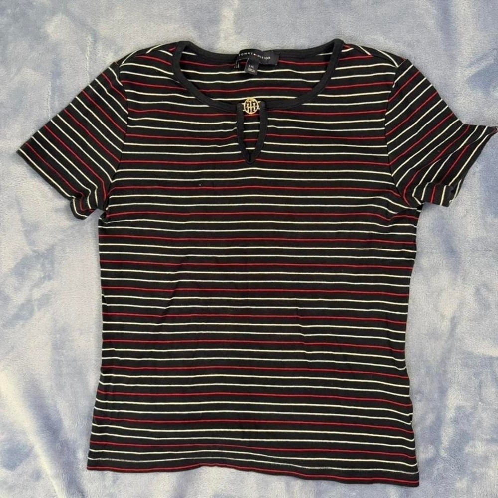 Tommy Hilfiger red‎ + black striped shirt women  Size L